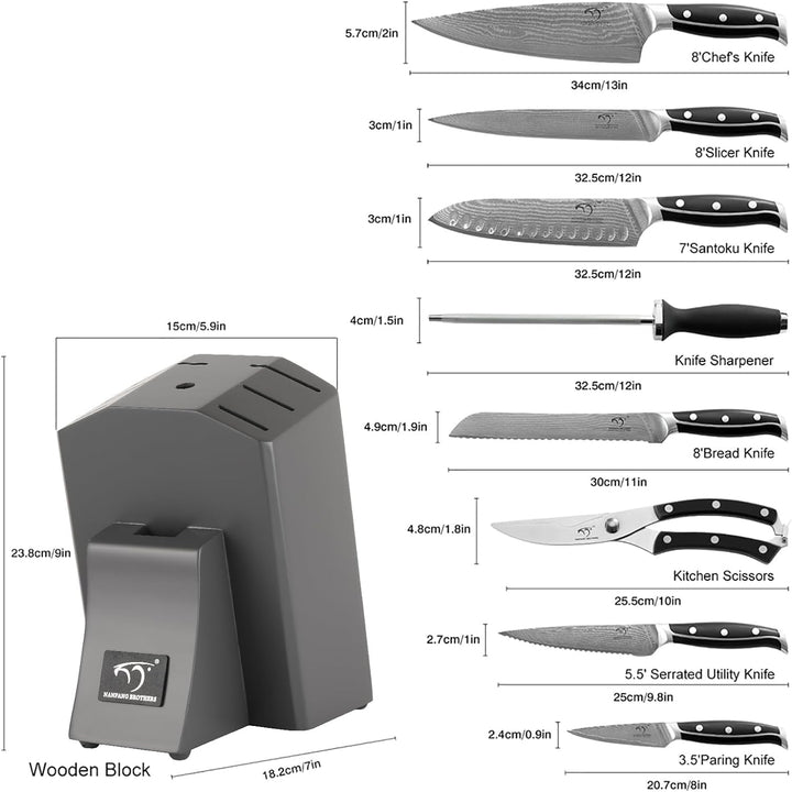 Professionelles Japanisches Damaszener Stahl Küchenmesser Set 9 Teile mit Holzblock, beinhaltet Koch