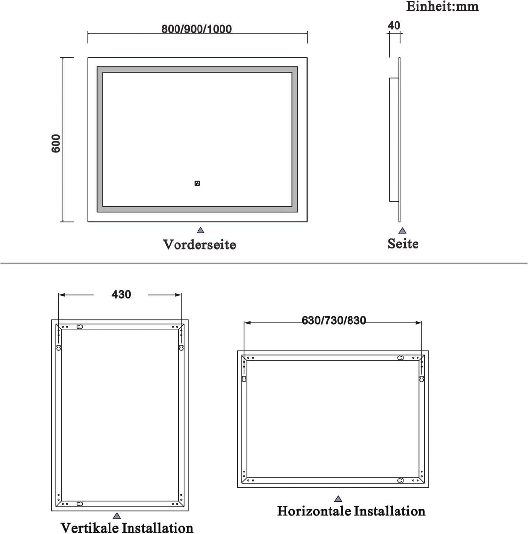 Aica Sanitär LED Spiegel 100×60cm Badspiegel mit Beleuchtung Lichtspiegel Badezimmerspiegel Wandspie