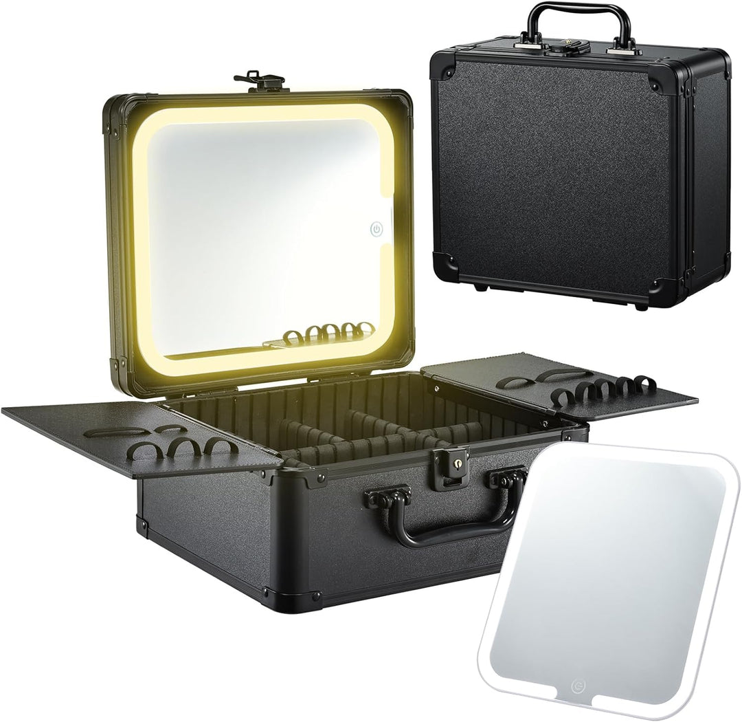 Make-up-Koffer mit beleuchtetem Magnetspiegel, Make up Koffer, Kosmetikkoffer mit 3-Farben-LED-Spieg