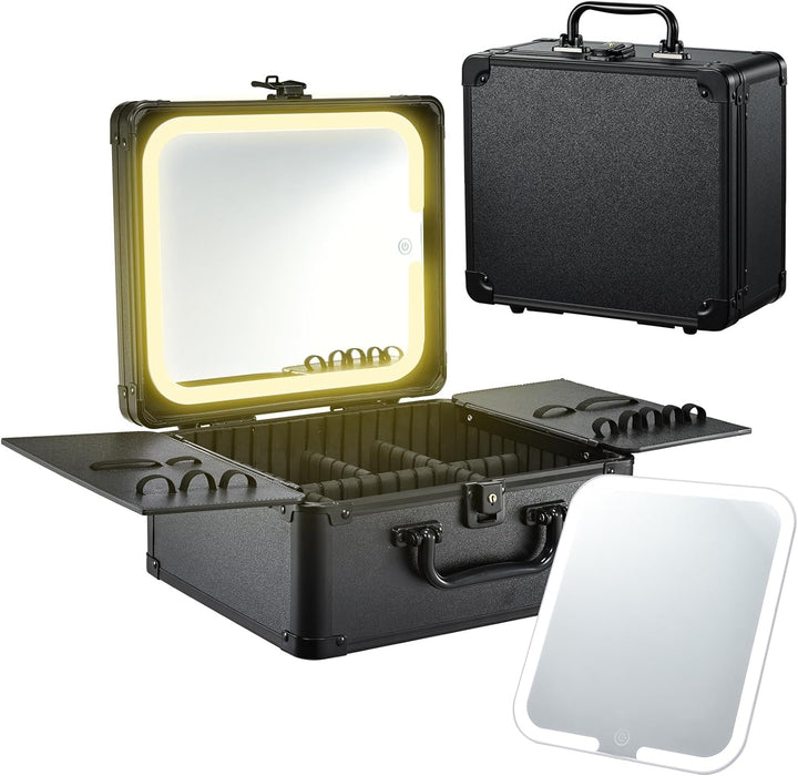 Make-up-Koffer mit beleuchtetem Magnetspiegel, Make up Koffer, Kosmetikkoffer mit 3-Farben-LED-Spieg