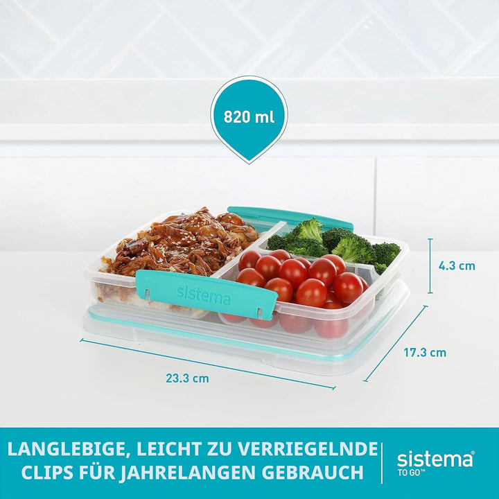 Sistema TO GO-Brotdosen mit Fächern zum Portionieren | 820ml Lunchbox mit stapelbarem Design und Cli