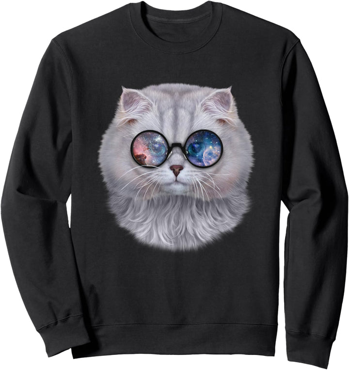 Weisse Katze, die Raumgalaxiensonnenbrille trägt Sweatshirt