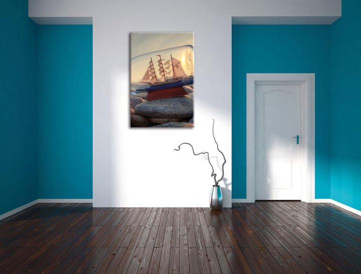 Flasche mit Schiff, Format: 100x70 auf Leinwand, XXL riesige Bilder fertig gerahmt mit Keilrahmen, K