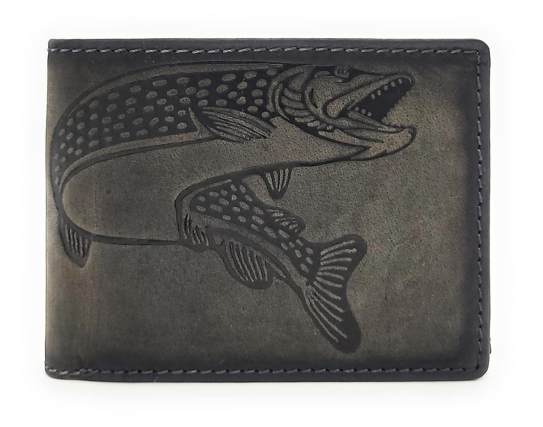 Lemasi echt Leder Geldbörse quer Hunterleder Portemonnaie Anglerbörse mit RFID Schutz Fisch Hecht (V