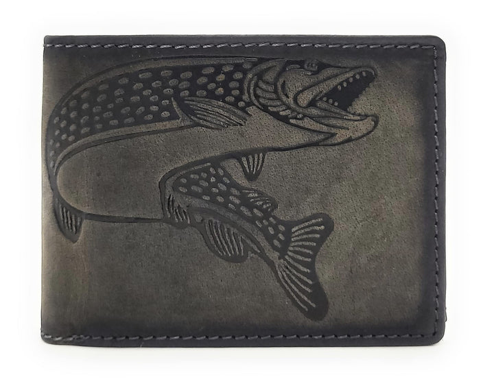 Lemasi echt Leder Geldbörse quer Hunterleder Portemonnaie Anglerbörse mit RFID Schutz Fisch Hecht (V