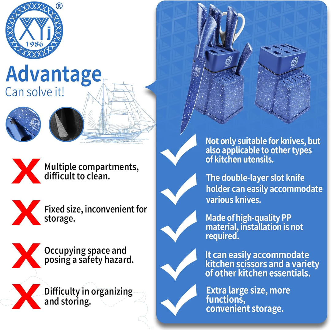 XYJ Authentic Since 1986, Kitchen Knife Block Set, Stainless Steel Knives Set With Knife Holder, Blu