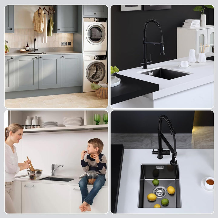 ROVOGO Küchenspüle Unterbau 40 x 34 cm Schwarz, Edelstahl Spülbecken Küche mit Ablaufgarnitur und Üb