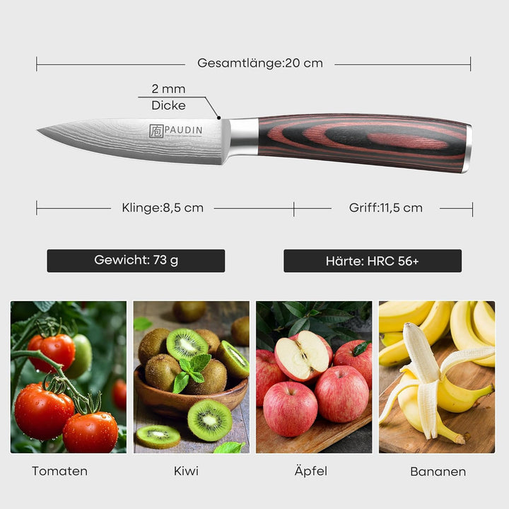 PAUDIN 9cm Gemüsemesser, Scharf Obstmesser Schälmesser Küchen Messer Ergonomischer Griff Deutscher E
