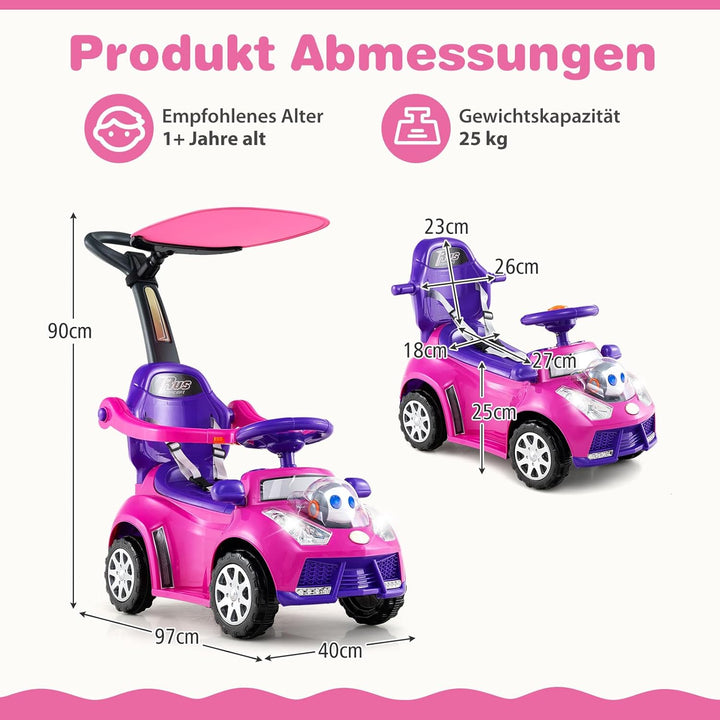 DREAMADE Kinder Rutschauto, 3 in 1 Schiebeauto mit abnehmbarem Verdeck, Sicherheitsgurt & Stauraum,