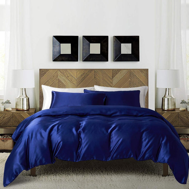 Damier Satin Bettwäsche 200x220cm Blau Dunkelblau Uni Einfarbig Hochwertiges Satin Bettbezug Set 3 T