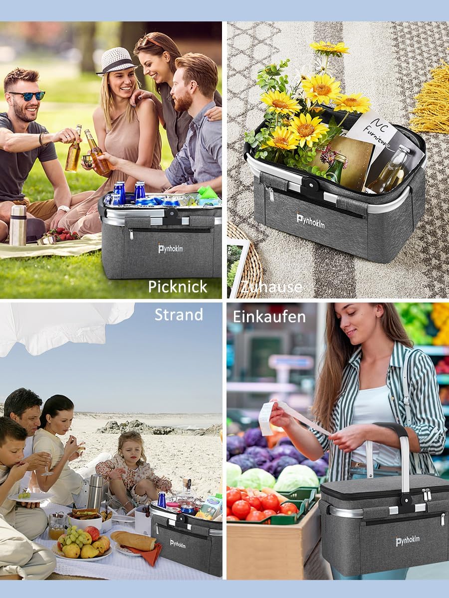 22L Einkaufskorb mit Kühlfunktion Tragekorb Faltbar Picknickkorb mit Deckel Klappkorb Thermokorb Iso