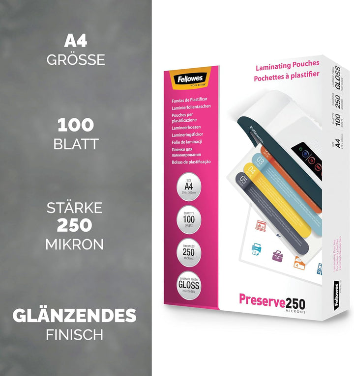 Fellowes Laminierfolien A4, 250 Mikron (2 x 250 mic), Heisslaminierfolien mit glänzendem Finish, seh