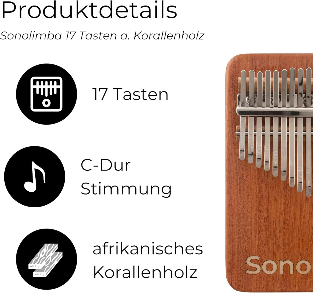 Kalimba "Sonolimba" mit 17 Schlüsseln in C - Dur aus Korallenholz. Daumenklavier inkl. Set mit Liede