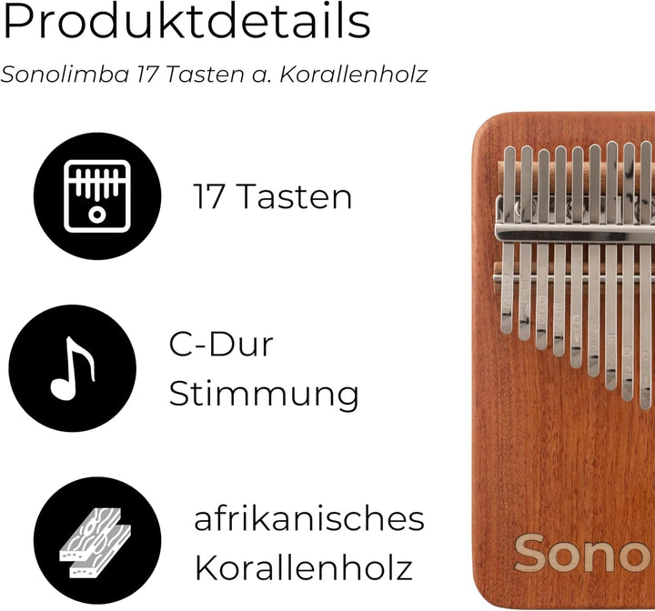 Kalimba "Sonolimba" mit 17 Schlüsseln in C - Dur aus Korallenholz. Daumenklavier inkl. Set mit Liede