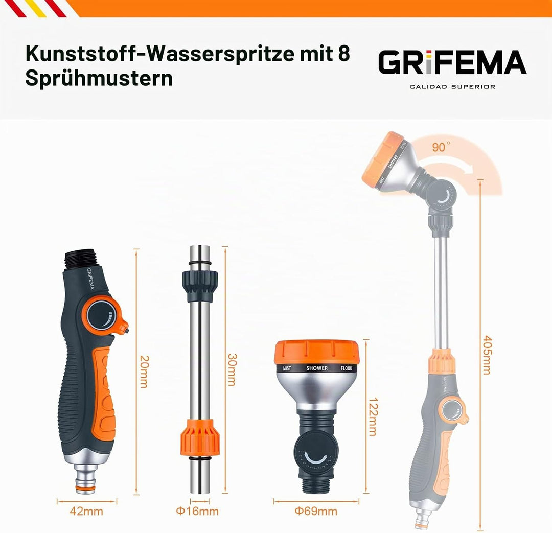 Güde Akku Regenfasspumpe RFP 12-201-04 &amp; GRIFEMA Blumenampel-Giessstab, 8 Sprühbilder Garten Schlauc