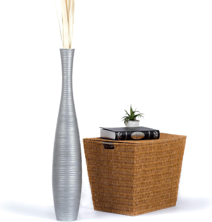 Leewadee Grosse Bodenvase für Dekozweige hohe Standvase Design Holzvase, Holz, 90 cm, Silber 90 cm S