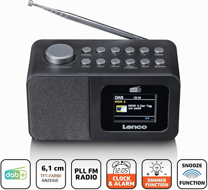 Lenco CR-625BK Radiowecker mit DAB+/FM, 2,4" Farbdisplay dimmbar, Doppelalarm, Sleeptimer, Schlummer