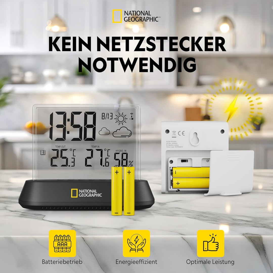 National Geographic 9070300 Wetterstation Funk mit Aussensensor in transparentem Design mit Anzeige
