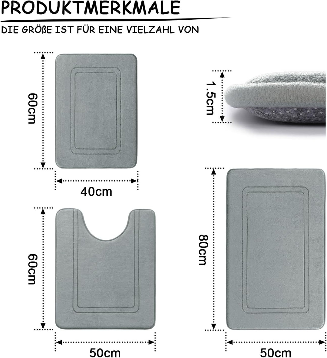 chakme Badezimmerteppich Set 3 Teilig, Weiche Memory-Schaum Badematte und U Förmige wc Vorleger, Bad
