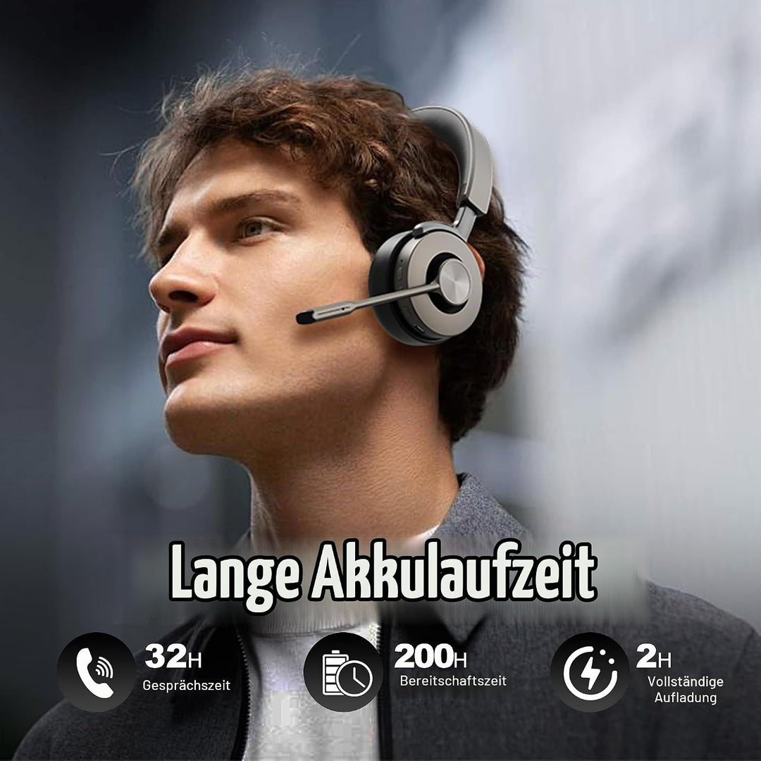 Beebang Bluetooth Headset mit Mikrophone, Kabelloses Headset für PC Laptop, 32h Gesprächszeit, USB A