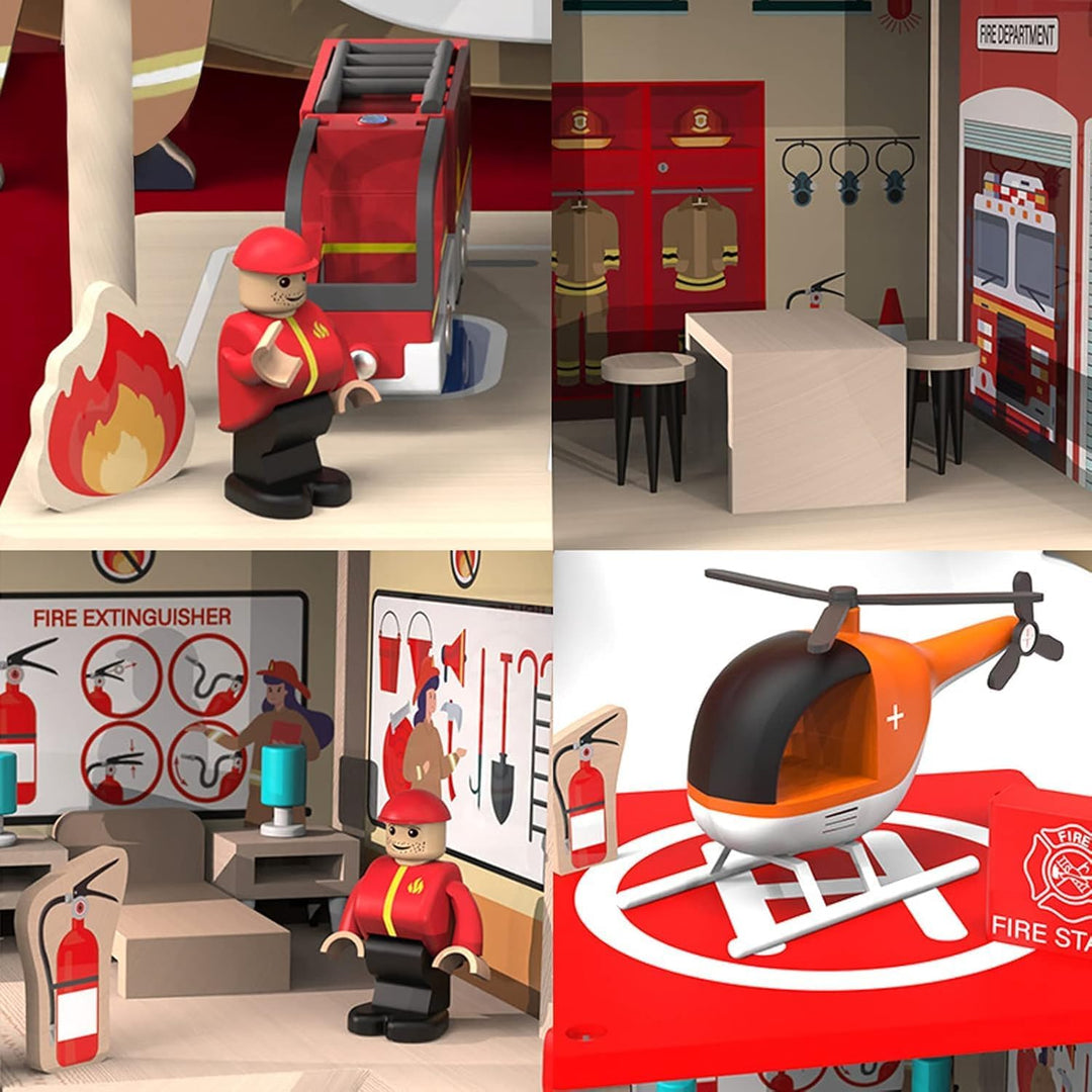 Holz-Feuerwehr-Spielset, Puppenhaus mit Feuerwehrauto, Hubschrauber, Feuerwehrleuten und Zubehör, Vo