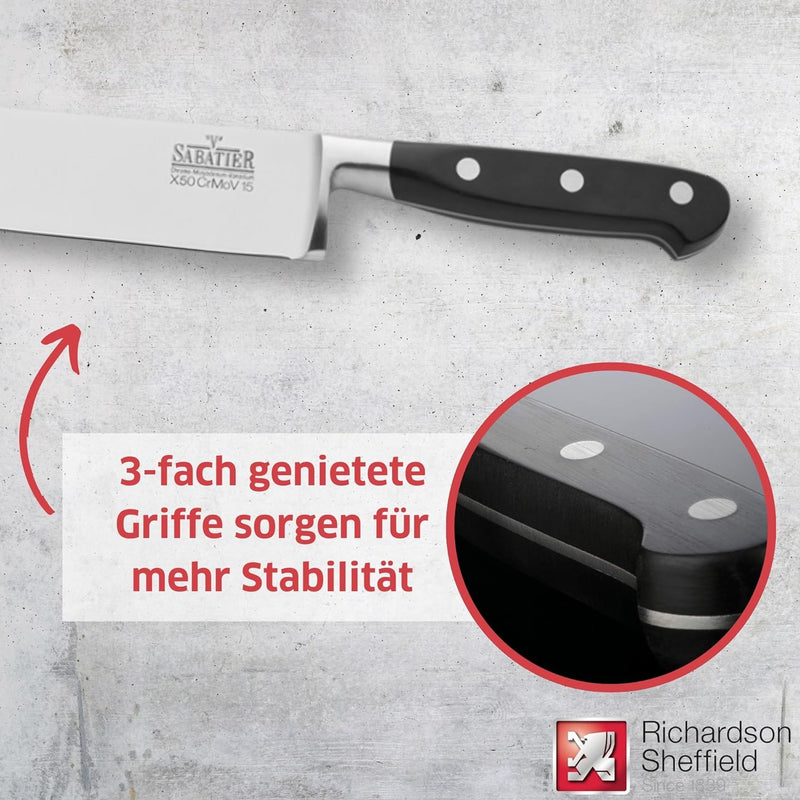 Richardson Sheffield V SABATIER Kochmesser, gehärteter Klingenstahl, rostfrei, extrem scharf, Profi