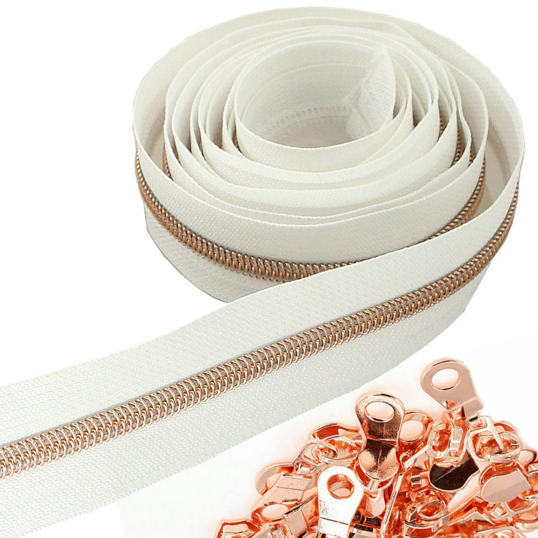 5# Nylon-Reissverschlüsse Meterware 10 Yards Roségold Metallic-Zähne Weisses Klebeband mit 25 Stück