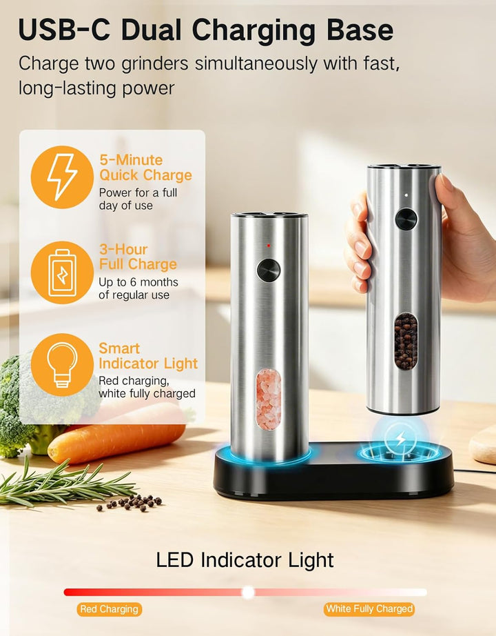 Elektrische Salz- und Pfeffermühle Set aus Edelstahl, USB-C Dual-Ladestation, 110 ml grosse Kapazitä