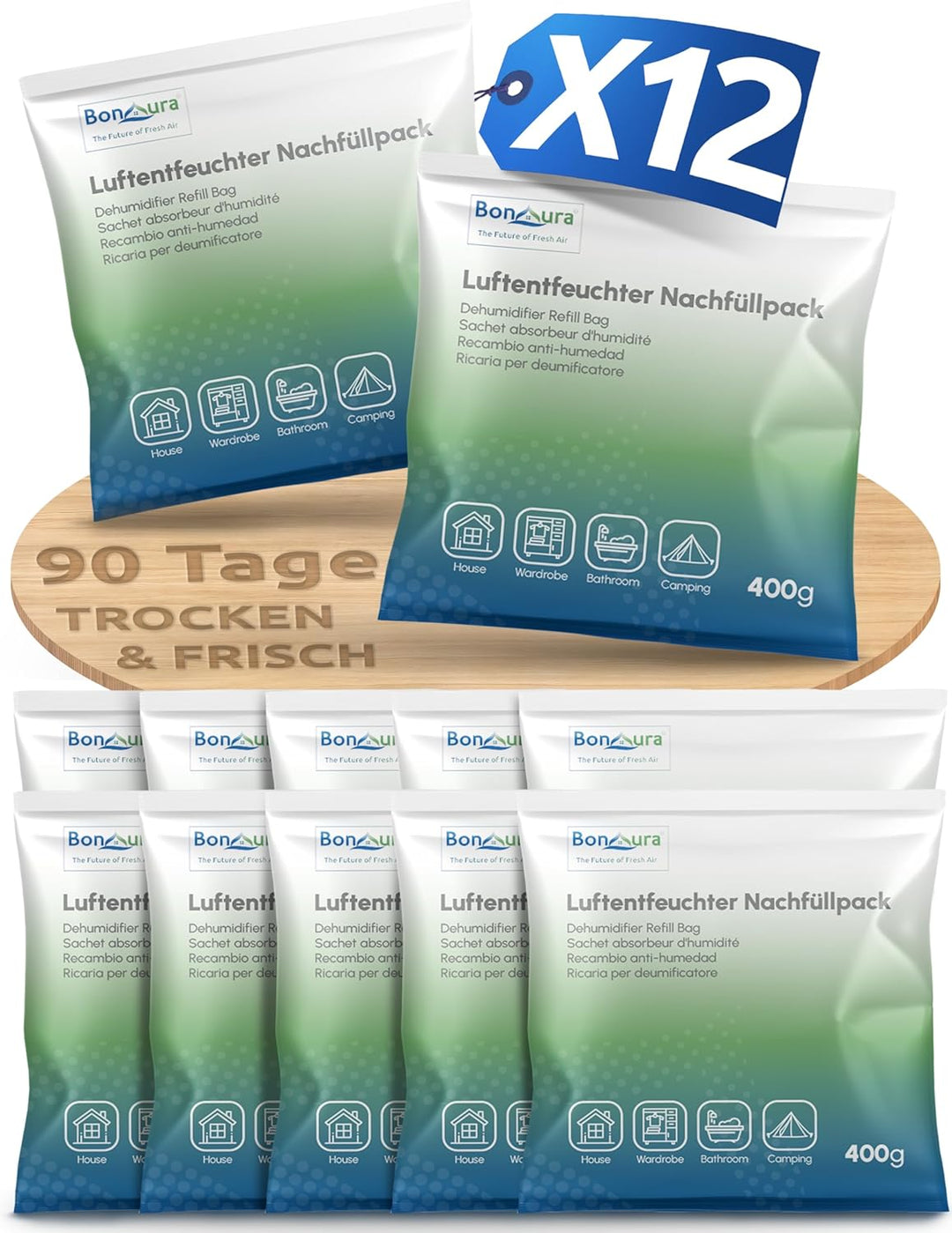 BonAura® Luftentfeuchter Nachfüllpack 12 x 400g - Mittleres Sparset Luftentfeuchter Granulat - 12er