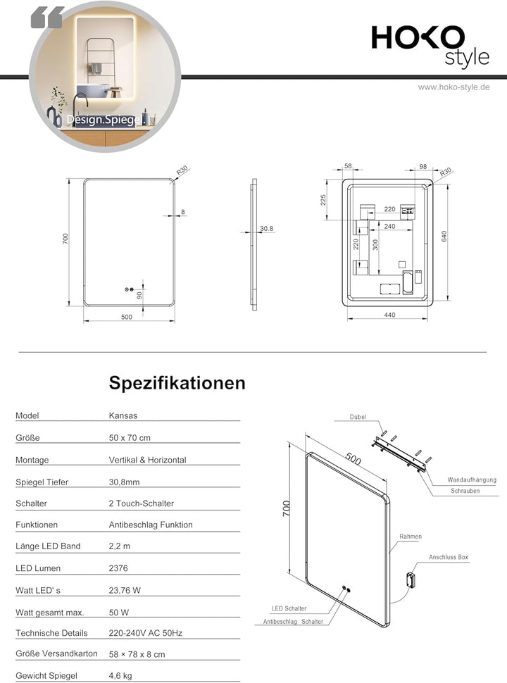 HOKO LED Badspiegel 50x70 cm / 70x50 cm Kansas mit Antibeschlag, Weisser Alurahmen, HOCH+QUER Montag