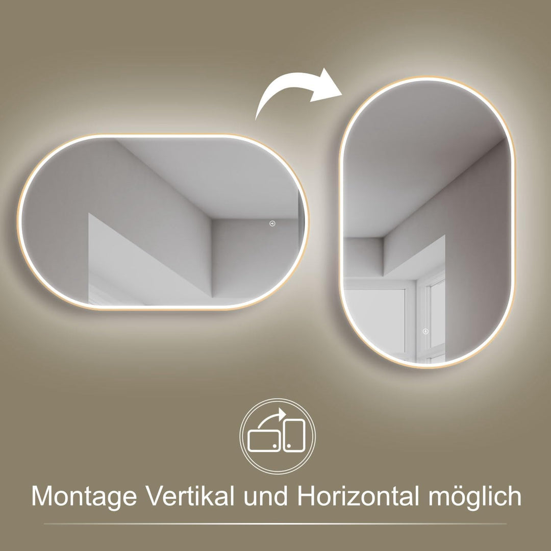 HOKO Wandspiegel oval 45x75 cm / 75x45 cm Alicante mit Energiesparend LED Beleuchtung und Metall Rah