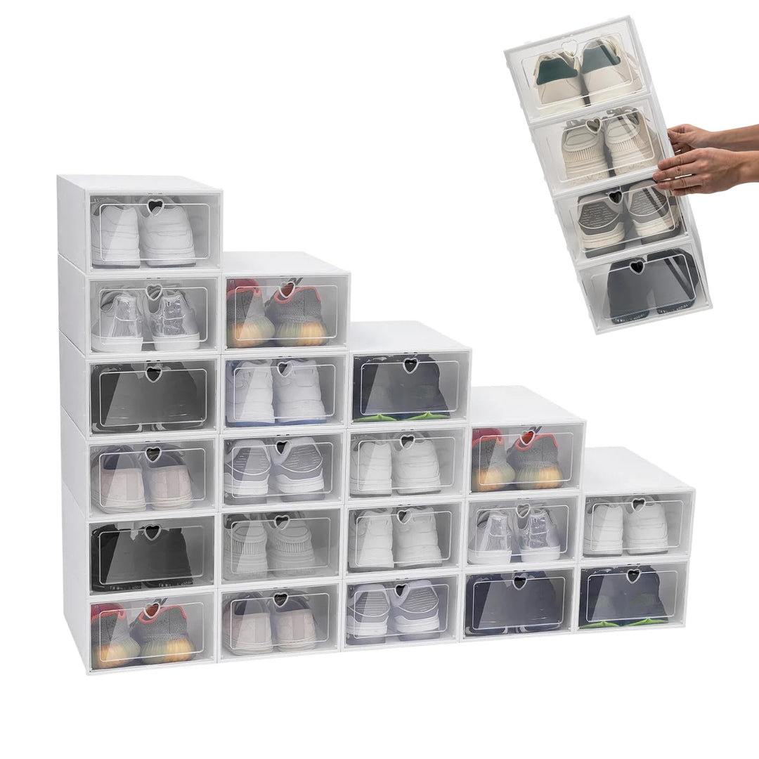 20 Stücke Schuhboxen Stapelbar, Transparent Schuhboxen mit Deckel, Kunststoff Schuhkarton Faltbarer