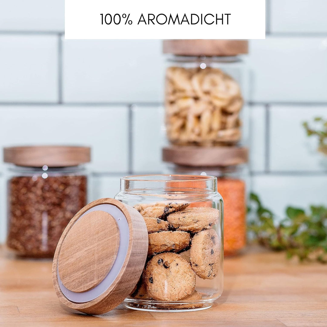 Econovo® Vorratsgläser mit Holzdeckel 500ml (4-teilig) aus Borosilikatglas, stapelbar und luftdicht,