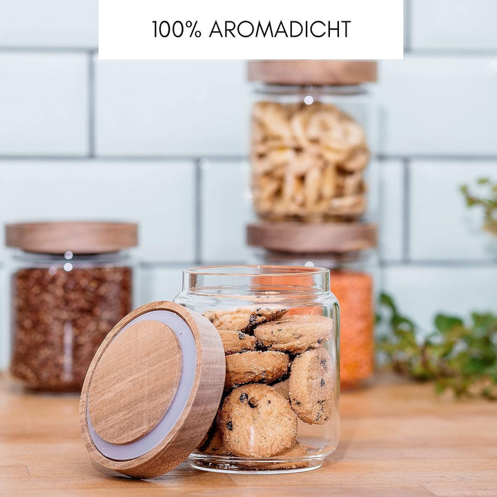 Econovo® Vorratsgläser mit Holzdeckel 500ml (4-teilig) aus Borosilikatglas, stapelbar und luftdicht,