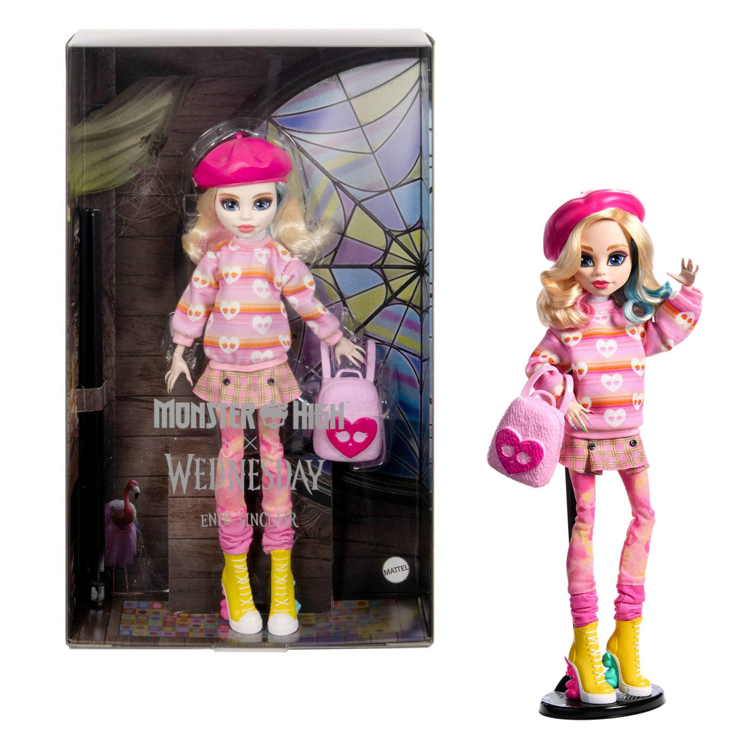 Monster High Wednesday Puppe und Accessoires, Enid Sinclair Sammelfigur in pink mit Baskenmütze und