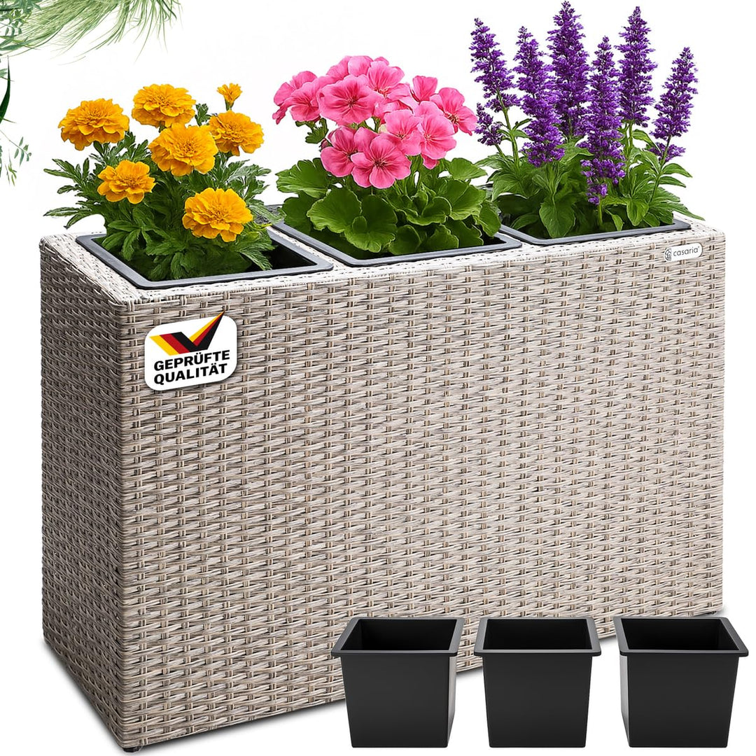 Casaria® Blumenkasten 3 Innentöpfe Polyrattan Herausnehmbar Wasserablauf Outdoor Rechteckig Pflanzka