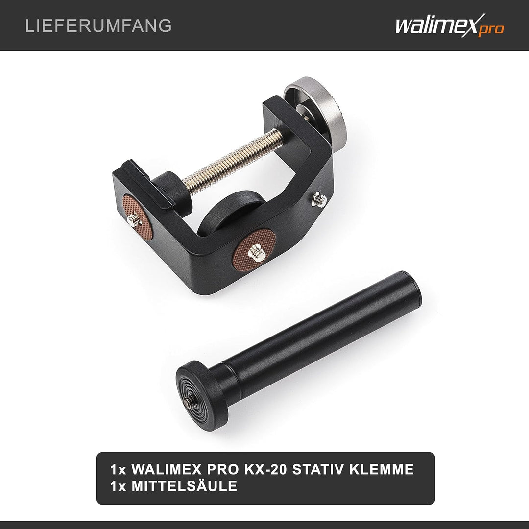 Walimex pro KX-20 Stativ Klemme – Klemmstativ, Blitzklemme, Aluminium, mit ausziehbarer Mittelsäule