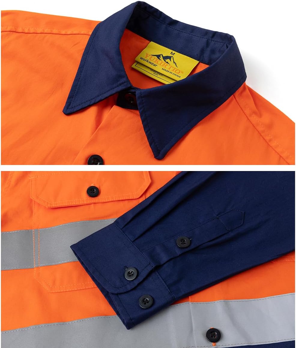 Yukirtiq Herren Button-Down-Arbeitshemd Reflektierendes Band Langarmshirts Arbeitsjacke Atmungsaktiv