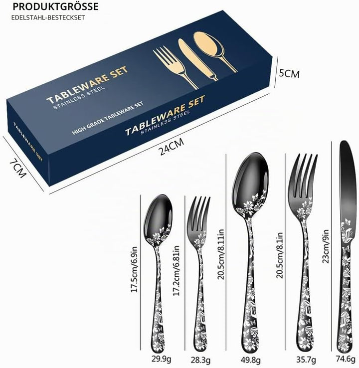 Aoresac Besteck-Set für 4 Personen, 20 Stück, aus Edelstahl, poliertes Muster, mit Blumenspiegel, in