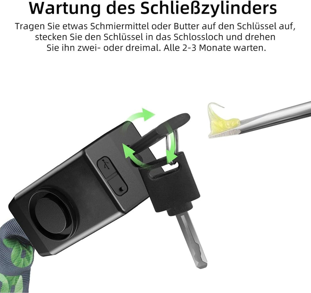 E Scooter Schloss, Fahrradschloss mit Alarm 110dB, Anti-Diebstahl E-bike Kettenschloss, USB-C auflad