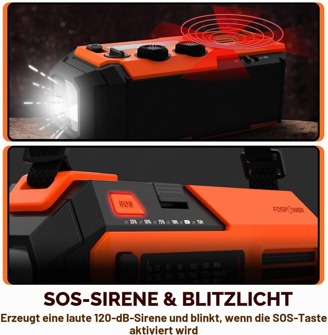 FosPower - Notfallradio NOAA/AM/FM mit 19240mWh (5200mAh) Tragbare Powerbank - Aufladung per USB/Sol