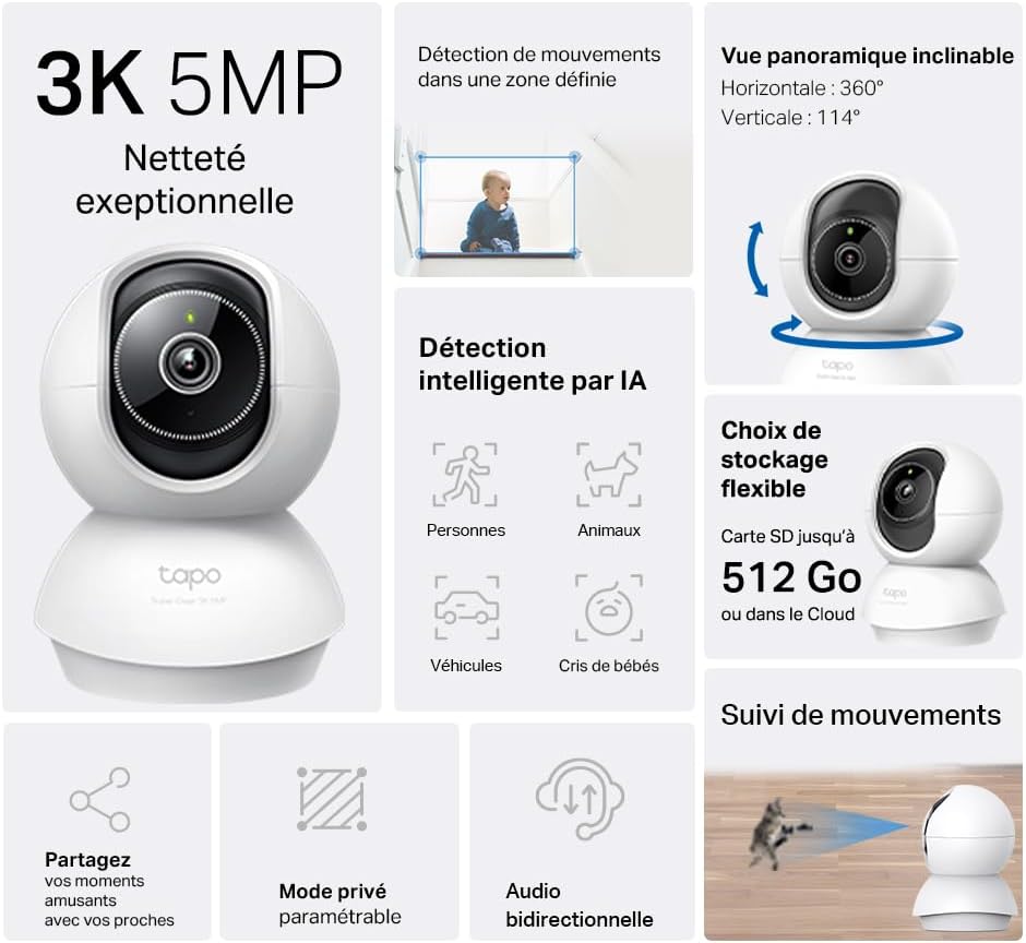 Tapo C230 3K 5MP Überwachungskamera innen 360°, WLAN 2,4GHz, KI-Erkennung, Nachtsicht, Bewegungserke