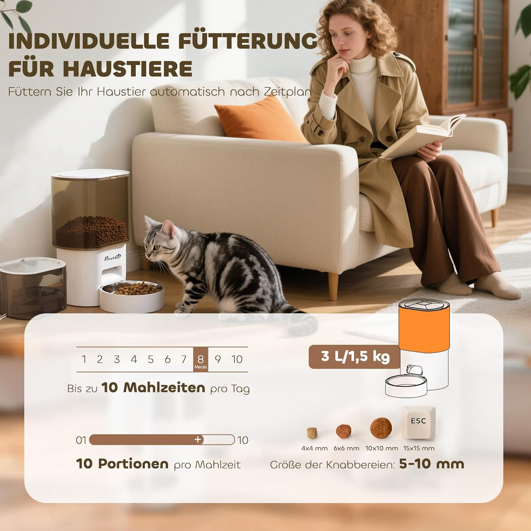 PawHut Futterautomat Katze und Katzenbrunnen 2,5 L Wasserspender für Hunde, Katzen Katzenfutter- und
