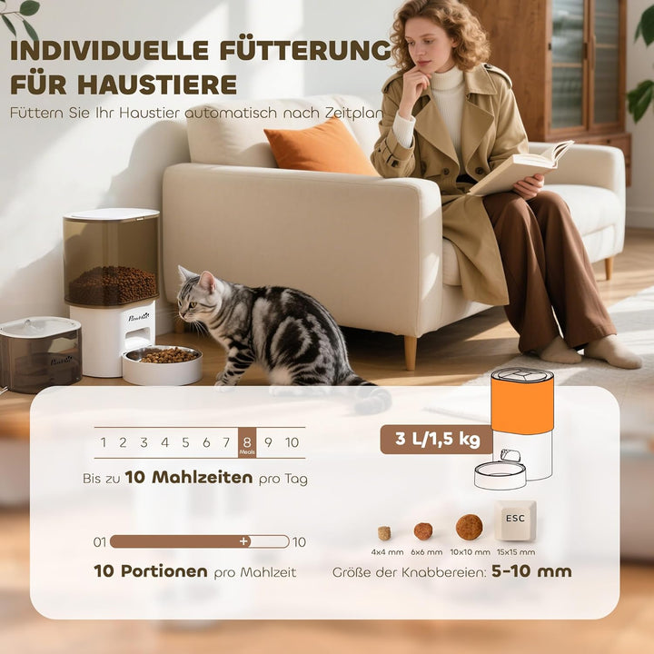 PawHut Futterautomat Katze und Katzenbrunnen 2,5 L Wasserspender für Hunde, Katzen Katzenfutter- und