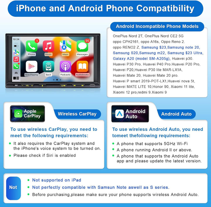 Doppel Din Radio Android mit Wireless CarPlay & Wireless Android Auto, Autoradio mit Navi 7 Zoll Bil