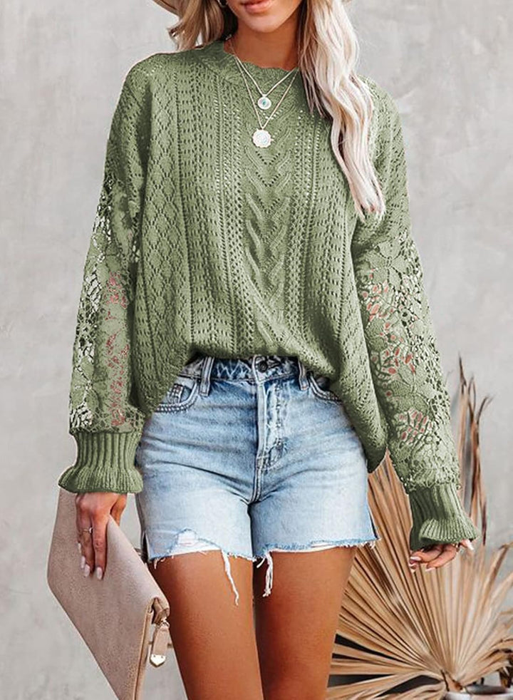 Maavoki Pullover Damen Spitze Strickpullover Lässige Rundhals Lace Langarm Häkelpullover Elegantes E