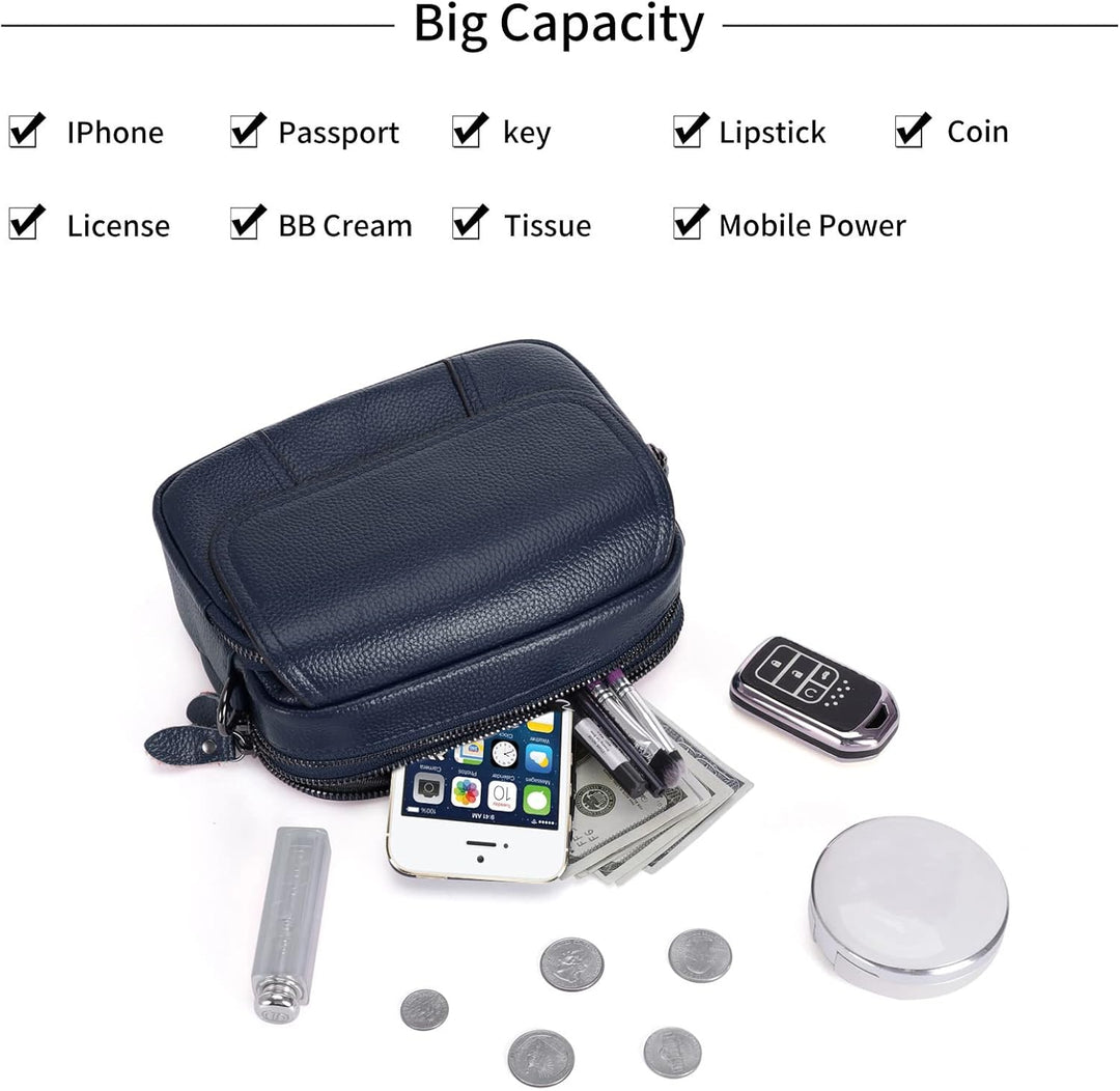 HAWEE Damen Handy Umhängetasche Echtes Leder Crossbody Schultertasche mit 3 Reissverschlüsse Kleine