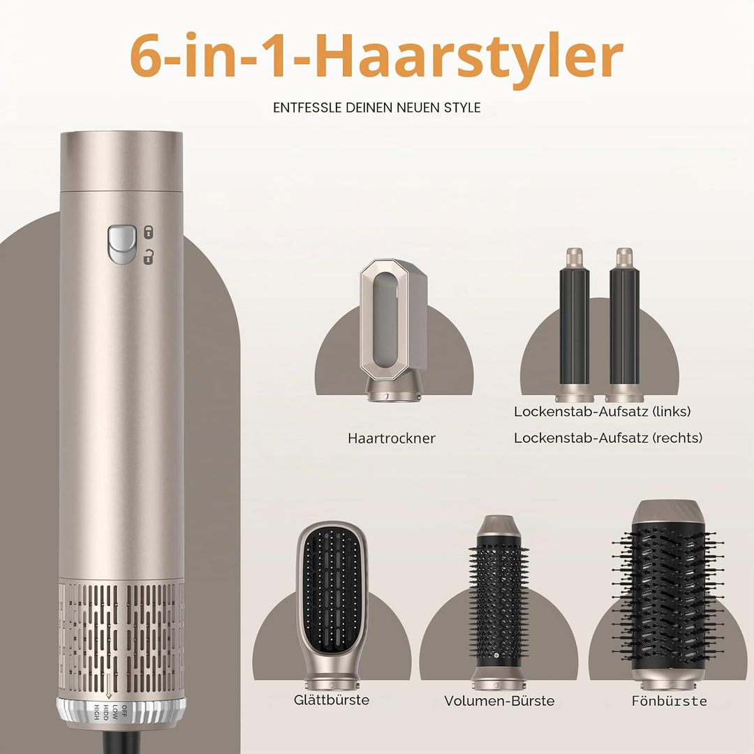 6 in 1 Hairstyler, 1000w Professioneller Haarstyler Föhn, 30mm Lockenstab Warmluft Curler, All in On