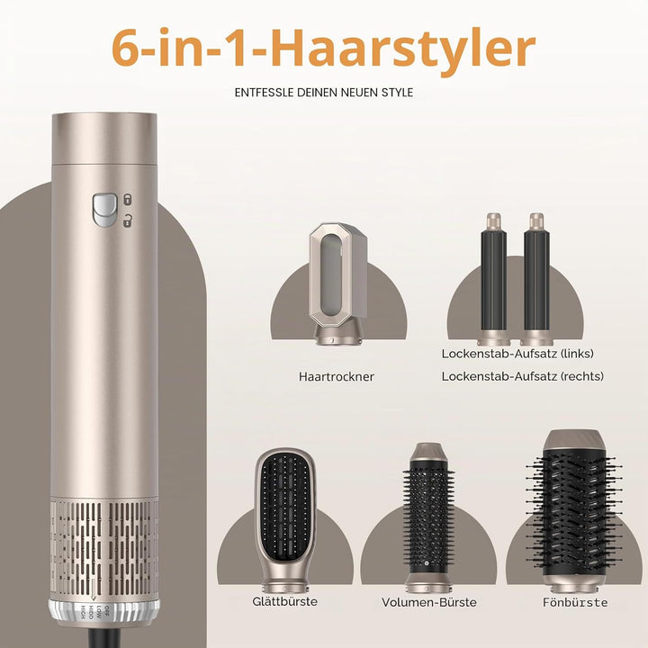 6 in 1 Hairstyler, 1000w Professioneller Haarstyler Föhn, 30mm Lockenstab Warmluft Curler, All in On