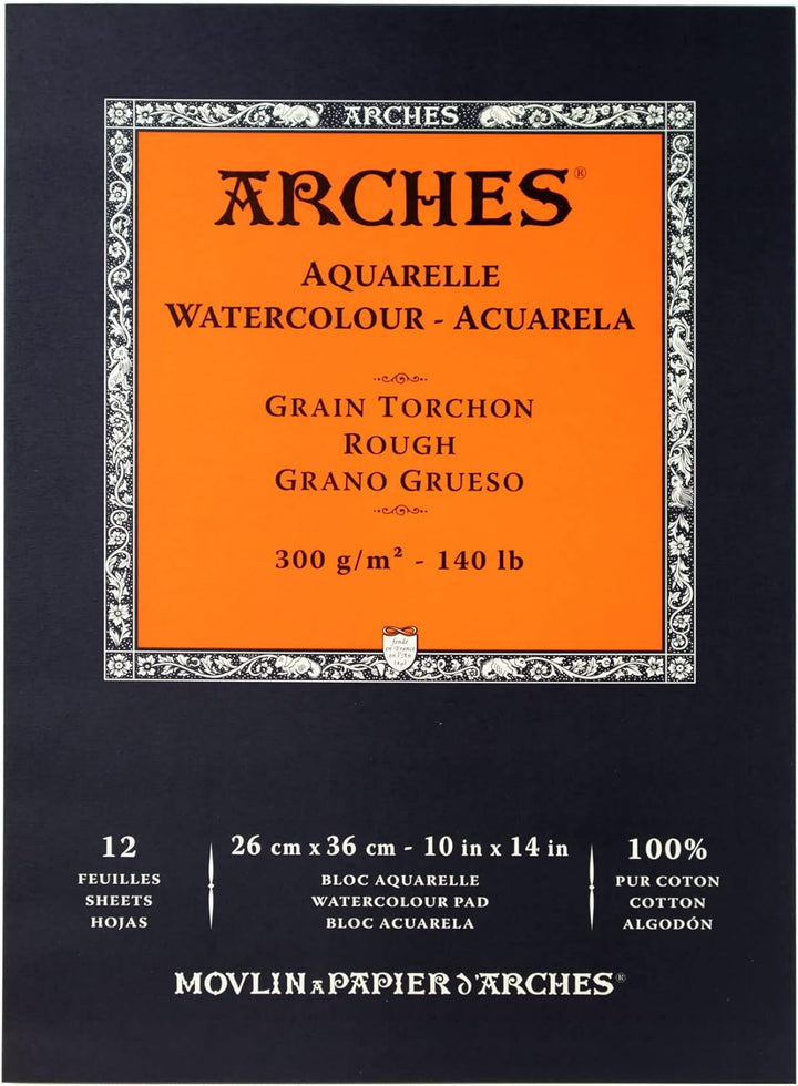 Arches 1795103 Aquarellpapier im Block (26 x 36 cm, Kopfgeleimt, 300g/m² Feinkorn) 12 Blatt naturwei